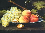 Jacob van Es Nature morte aux peches, raisins et noix sur un entablement oil on canvas